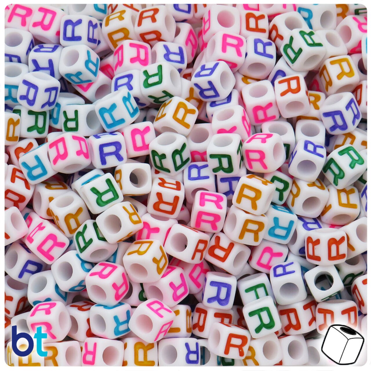 BeadTin White Opaque 7mm Cube Plastic Alpha Beads - Colored Letter R (75pcs)